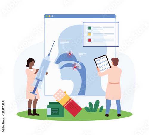 Otolaryngologists examine a throat x-ray using an oversized syringe and medical chart. Scene includes medication, emphasizing detailed ENT medical assessment and treatment vector illustration