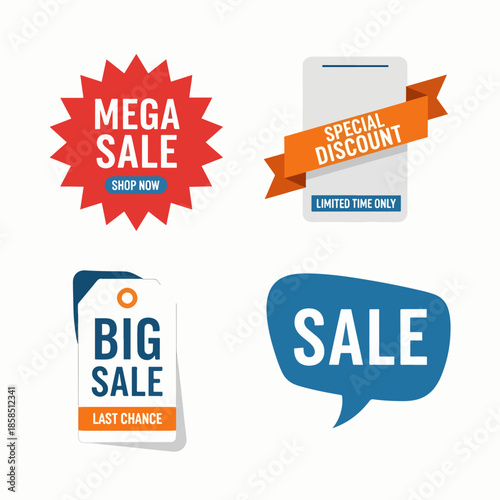 Modern marketing sale labels with bright discount badges and limited time shopping promotion stickers collection.