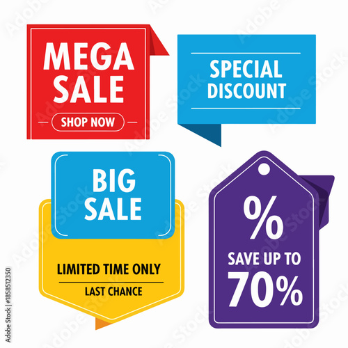 Colorful promotional advertising stickers for shopping campaigns with special discount, mega sale and big sale messages.