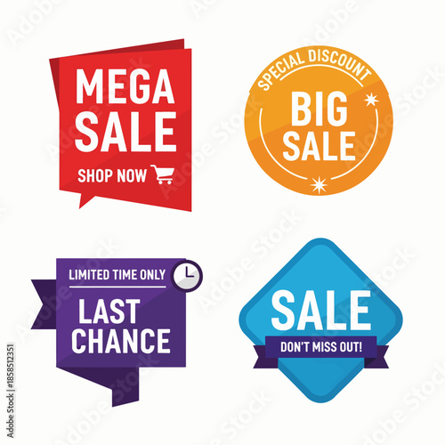 Retail discount promotion labels set featuring mega sale, big sale and last chance advertising marketing badges.