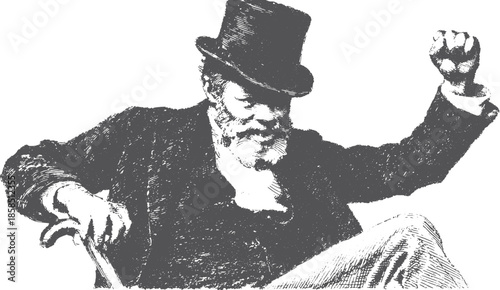 Vintage man illustration featuring a beard, hat, and suit. This black and white vector set displays a seated figure expressing elegance and strength.