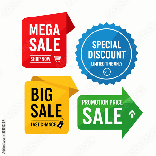 Modern e-commerce promotion labels with big sale, special discount, mega sale and last chance advertisement badges.