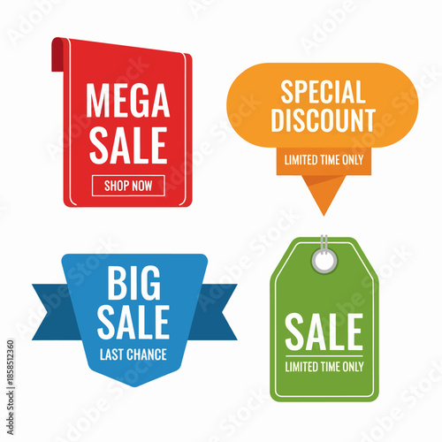 Retail marketing badge set with colorful promotional sale labels and limited time discount advertising stickers.