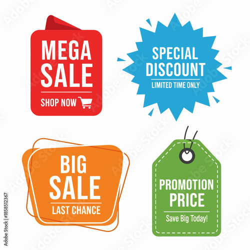 Creative shopping promotion stickers with mega sale, special discount, big sale and last chance marketing messages.