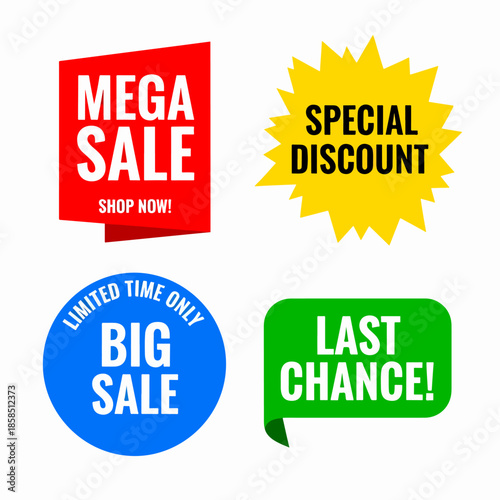 Promotional sale badge collection with bright discount signs, marketing labels and limited time special offer banners.