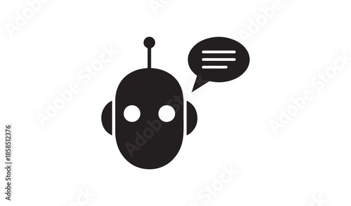 AI Robot Chat Icon, Black Silhouette of Robot Head with Speech Bubble for Artificial Intelligence and Support Concepts