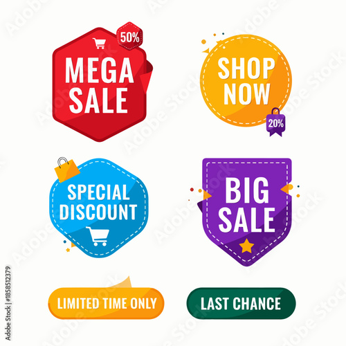 Colorful marketing labels set featuring mega sale, special discount, big sale and limited time promotional stickers.