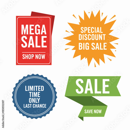 Modern retail promotion badges collection with mega sale, special discount and last chance banners for advertising campaigns.