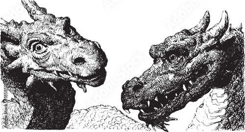 Dragons in detailed illustration. Set of black and white fantasy creature heads, showcasing intricate designs, textures, and vector art.