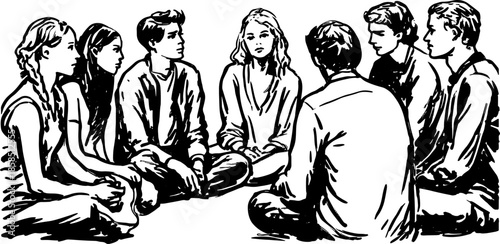 Group of people engaged in a discussion while sitting together. Simple vector illustration showcasing a community set.
