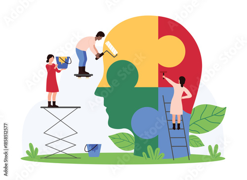 Mental health, psychologists support on counseling consultation, psychology. Tiny people connect and colour in puzzle pieces inside human head, solve problem of patient cartoon vector illustration