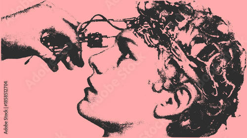 Head with electronic device being attached by hand. This black and white vector illustration is set against a pink background, emphasizing the retro style.