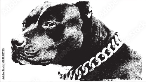Pitbull dog head illustration in monochrome style. Strong profile with chain collar, vector art showcasing the animal's fierce features in a flat design.