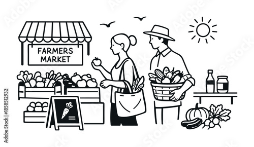 Line-art illustration of shoppers buying fresh produce at an outdoor farmers market stall, carrying baskets and bags under a sunny sky