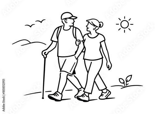 Minimal line drawing of a couple hiking together outdoors, walking with a trekking pole under sunny sky, enjoying nature and companionship
