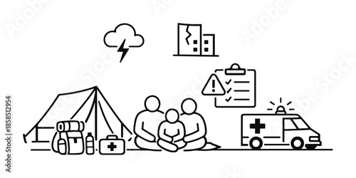 Line icon illustration of emergency preparedness with family evacuation, tent shelter, medical kit, storm warning, damaged buildings, and ambulance response