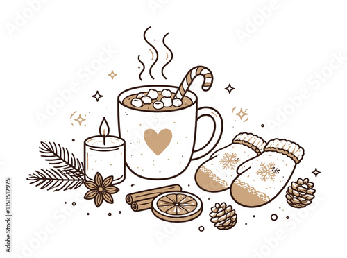 Cozy winter illustration of hot chocolate with marshmallows and candy cane beside candle, cinnamon, dried citrus, pinecones, socks, and evergreens