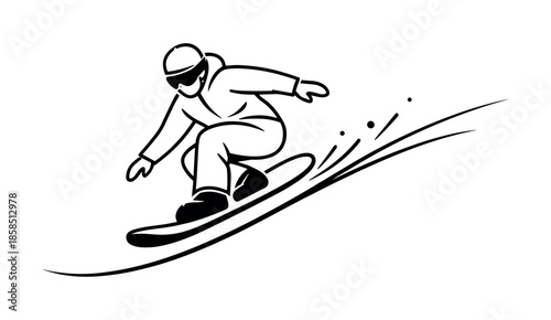 Minimalist black line illustration of a snowboarder carving downhill on a slope, crouched in motion with snow spray and dynamic curved trail