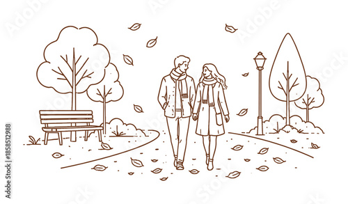 Line art illustration of a couple walking together through an autumn park pathway with falling leaves, trees, bench, and streetlamp