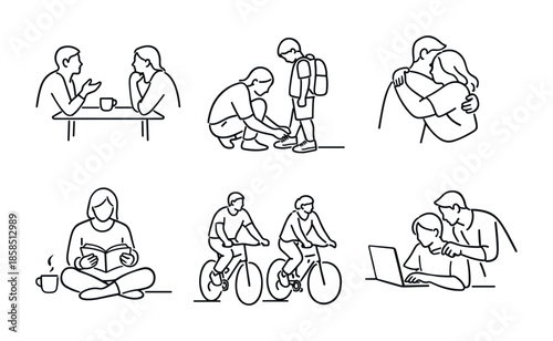 Minimal line art set showing everyday human activities: conversation, tying shoelaces, hugging, reading, cycling together, and working on a laptop