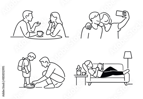 Minimal line art set showing conversation at a cafe table, friends taking a selfie, parent tying a child's shoelace, and relaxing on a sofa reading