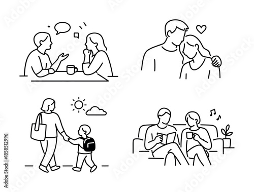 Minimal line illustrations showing everyday relationships: couple talking at a table, affectionate hug, parent walking with child, friends relaxing together