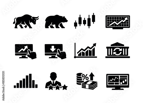 Set of black finance and stock market icons with bull and bear symbols, candlestick chart, growth graphs, analytics screens, and banking elements