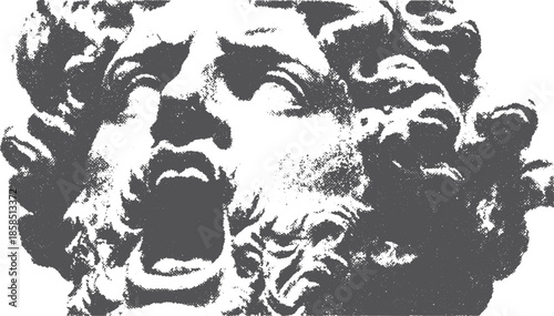 Screaming face in high-contrast black and white vector illustration. Detailed and dramatic artwork showcasing emotion and texture in a striking style.