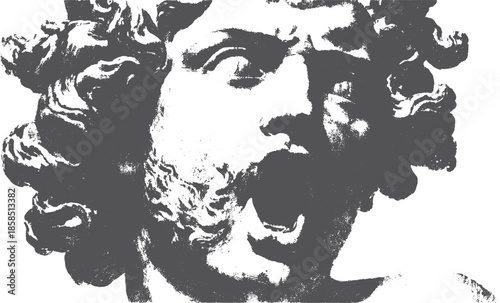 Statue figure with a dramatic expression. Detailed monochrome vector illustration showcasing a powerful scream and intricate facial features.