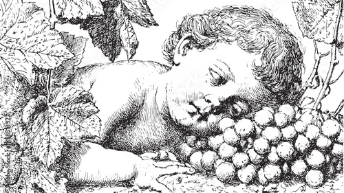 Baby sleeping peacefully among grapes and leaves. Classic black and white vector illustration that reflects natural beauty and simplicity.