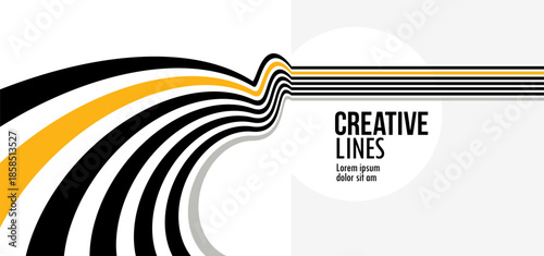 3D black and yellow lines in perspective abstract vector background, linear perspective illustration op art.