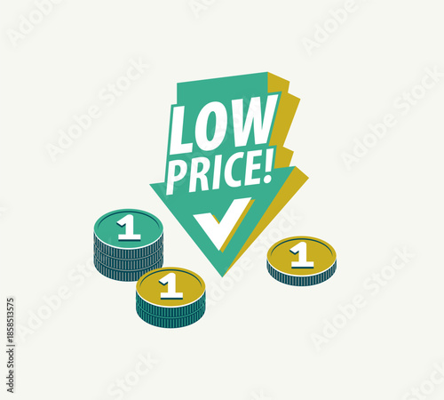 Low price concept poster, arrow down with coin stack vector icon style illustration, e-commerce sale, cheap prices shopping, buy by discount.