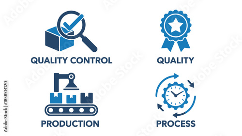 Quality Control and Production Process Icons in Blue Monochrome with Magnifying Glass and Gear Symbols for Business Infographics