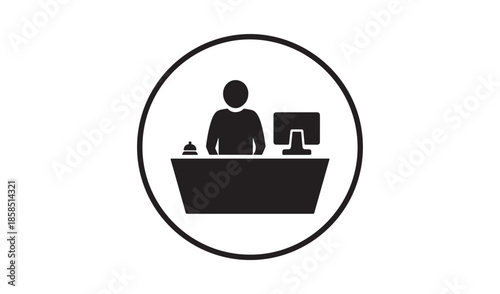 Hotel reception desk icon with staff silhouette computer monitor and service bell