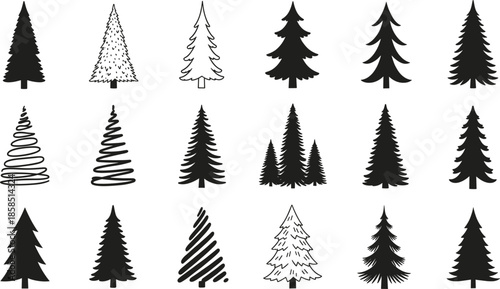 Black and White Vector Illustration Set Featuring Diverse Christmas Tree Silhouettes Minimalist Pine Fir and Spruce Outlines for Design