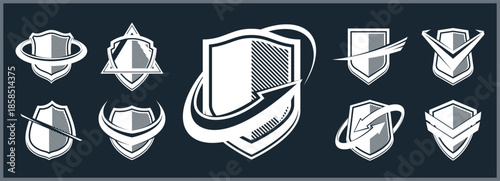 Classic shields shapes set with different additional elements vector symbols set, defense and safety icons, ammo emblems collection.