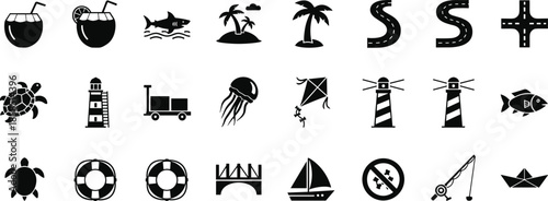 Summer travel and marine vector icons set, coconut drink, shark, turtle, lighthouse, jellyfish, kite, sailboat, fishing rod, and paper boat silhouettes, black isolated,