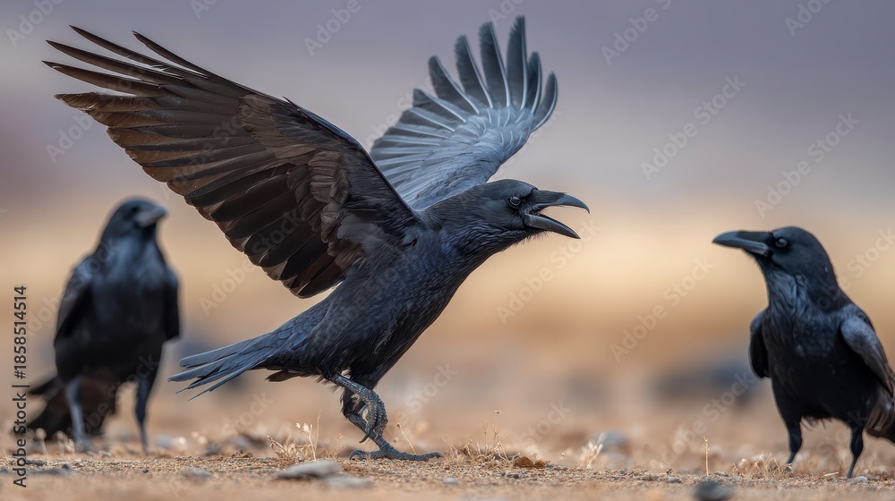 Obraz premium A crow takes flight, wings spread, with two others observing. Dry ground, neutral background. Captures avian action
