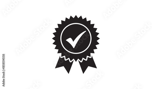 Quality Guarantee Award Ribbon Icon, Black Silhouette Seal with Checkmark for Excellence and Premium Certification