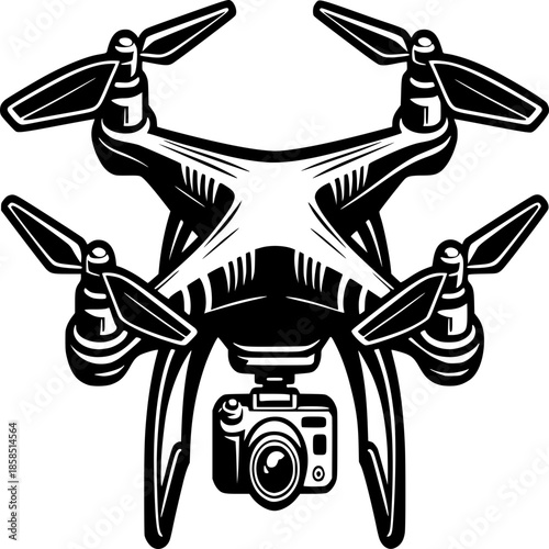 Drone Technology Icon: A stylized monochrome image of a modern drone, captured mid-flight with its propellers outstretched and equipped with a camera.