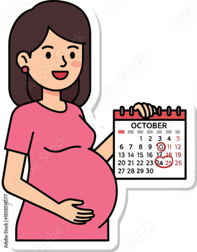 Pregnant woman in pink dress holding calendar marking due date in October