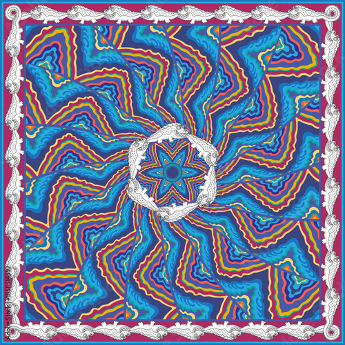 Vector scarf print of black and white crocodiles on a bright geometrical background