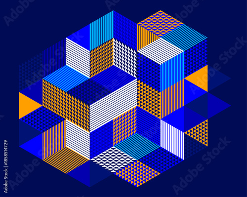 Isometric 3D cubes vector abstract geometric background, abstraction art polygonal graphic design wallpaper, cubic shapes and forms lowpoly composition over dark.