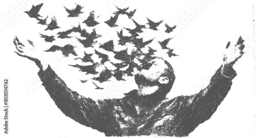 Man releasing birds in black and white. Artistic vector illustration depicting freedom and expression through movement in a creative set.