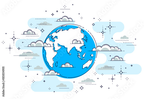 Earth in the sky surrounded by clouds beautiful thin line illustration isolated over white background, vector.