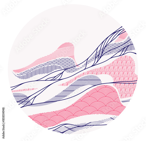 Abstract oriental Japanese art vector background in a shape of circle, traditional style design, wavy shapes and mountains terrain landscape, runny like sea lines.