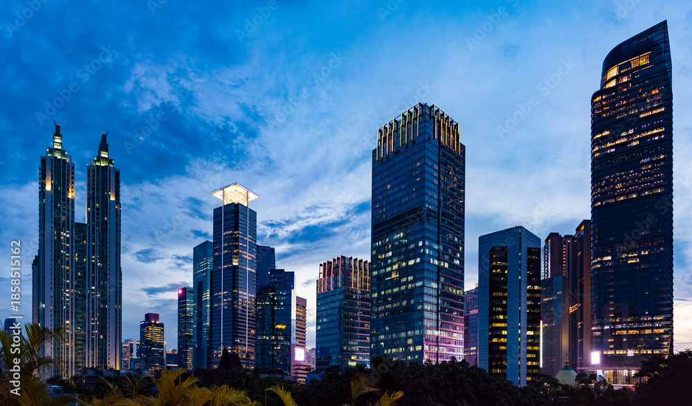 Naklejka premium View of Jakarta's Central Business District at dusk (blue hour). Jakarta cityscape at sunset.
