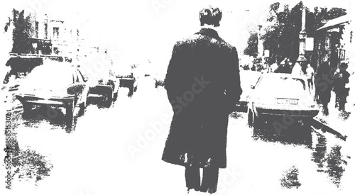 A man walking down a city street in black and white. Urban setting with cars creates a moody atmosphere in this vector illustration.