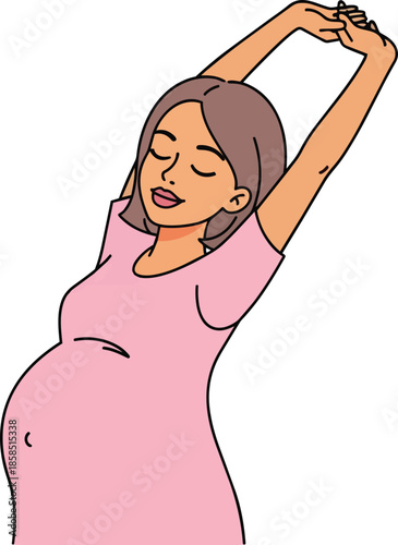 Pregnant woman in pink dress stretching arms up with eyes closed feeling relaxed