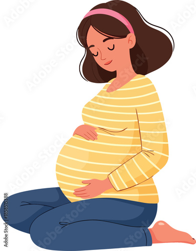 Pregnant woman sitting cross-legged with hands on belly smiling peacefully